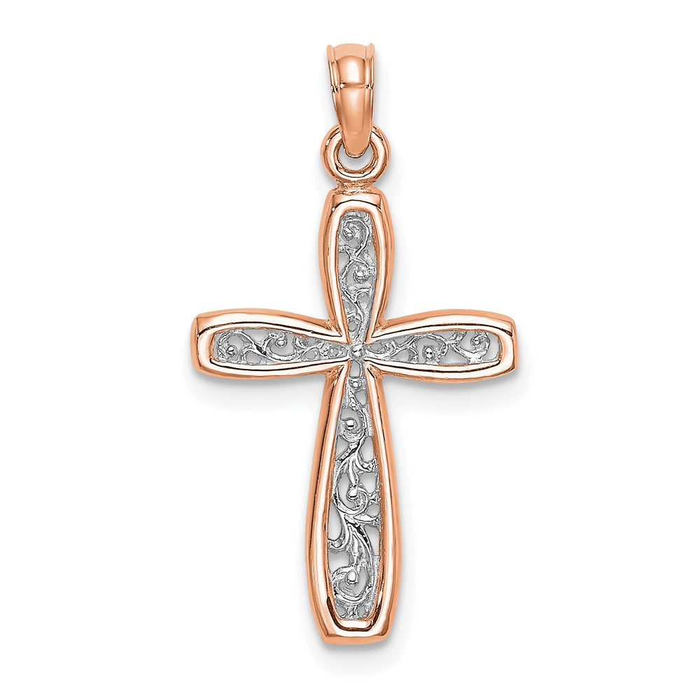 10K Roségold 10K mit Weiß Rhodium Filigran Mittig Rand Kreuz