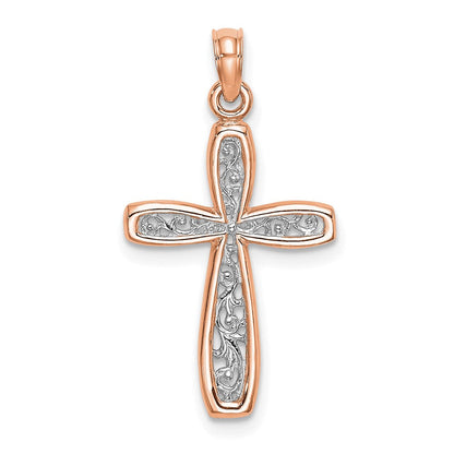 10K Roségold 10K mit Weiß Rhodium Filigran Mittig Rand Kreuz