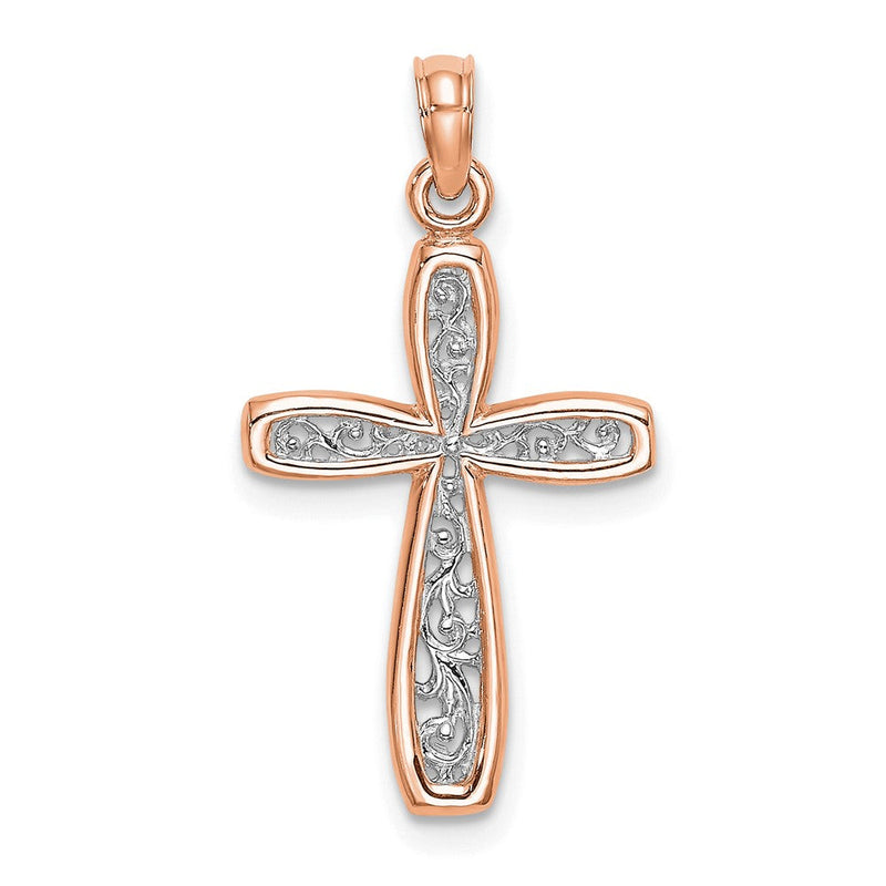 10K Roségold 10K mit Weiß Rhodium Filigran Mittig Rand Kreuz