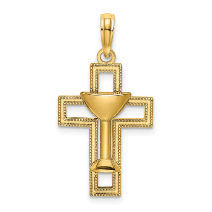 10K Gelbgold 10K Poliert Kreuz mit Kommunion Cup Charm