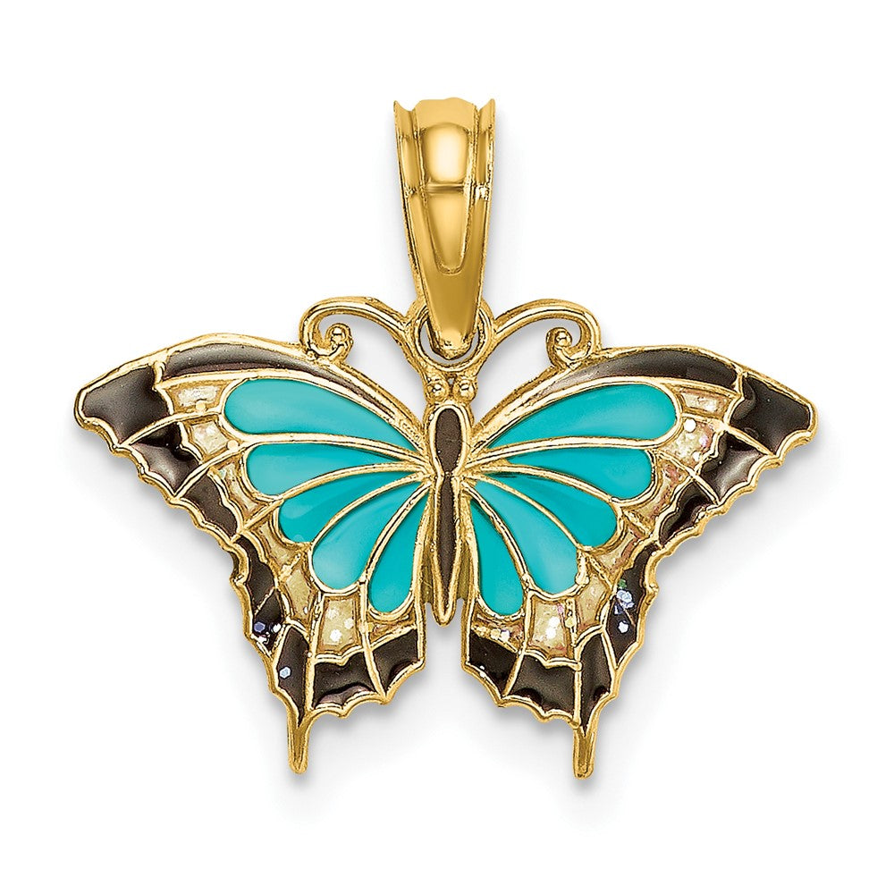 10K Gelbgold 10K Klein Aqua Emailliert Flügel Schmetterling Charm