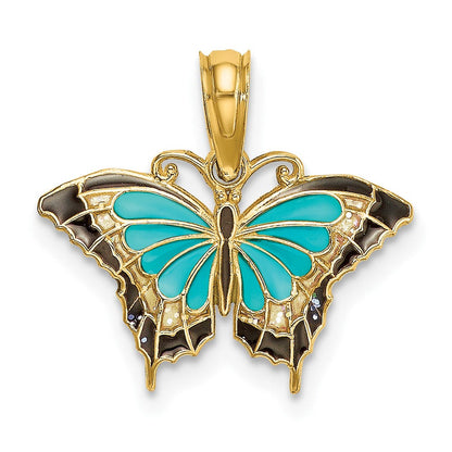 10K Gelbgold 10K Klein Aqua Emailliert Flügel Schmetterling Charm