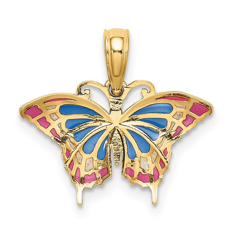 10K Gelbgold 10K Klein Emailliert Blau und Rot Schmetterling Charm