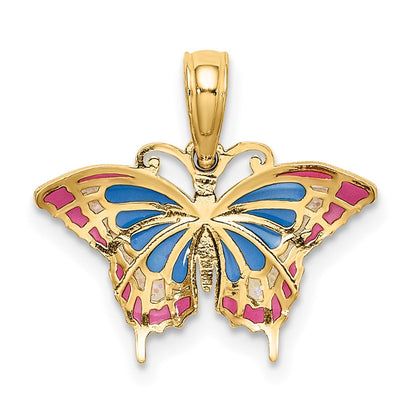 10K Gelbgold 10K Klein Emailliert Blau und Rot Schmetterling Charm