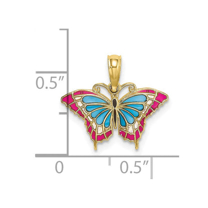10K Gelbgold 10K Klein Emailliert Blau und Rot Schmetterling Charm
