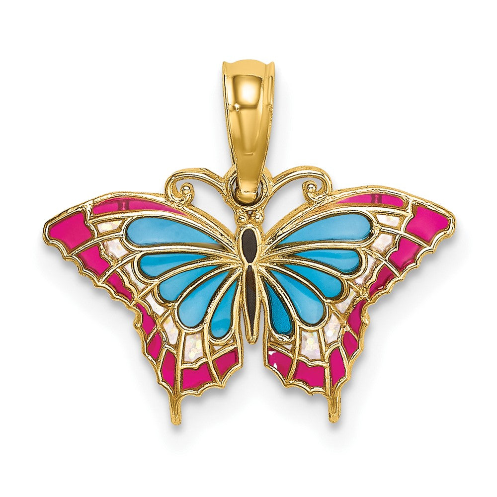 10K Gelbgold 10K Klein Emailliert Blau und Rot Schmetterling Charm