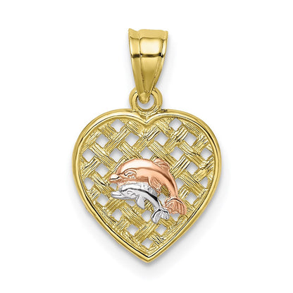 10K Bicolor 10K mit Rhodium Doppelt Dolphins auf Geflochten Herz Charm