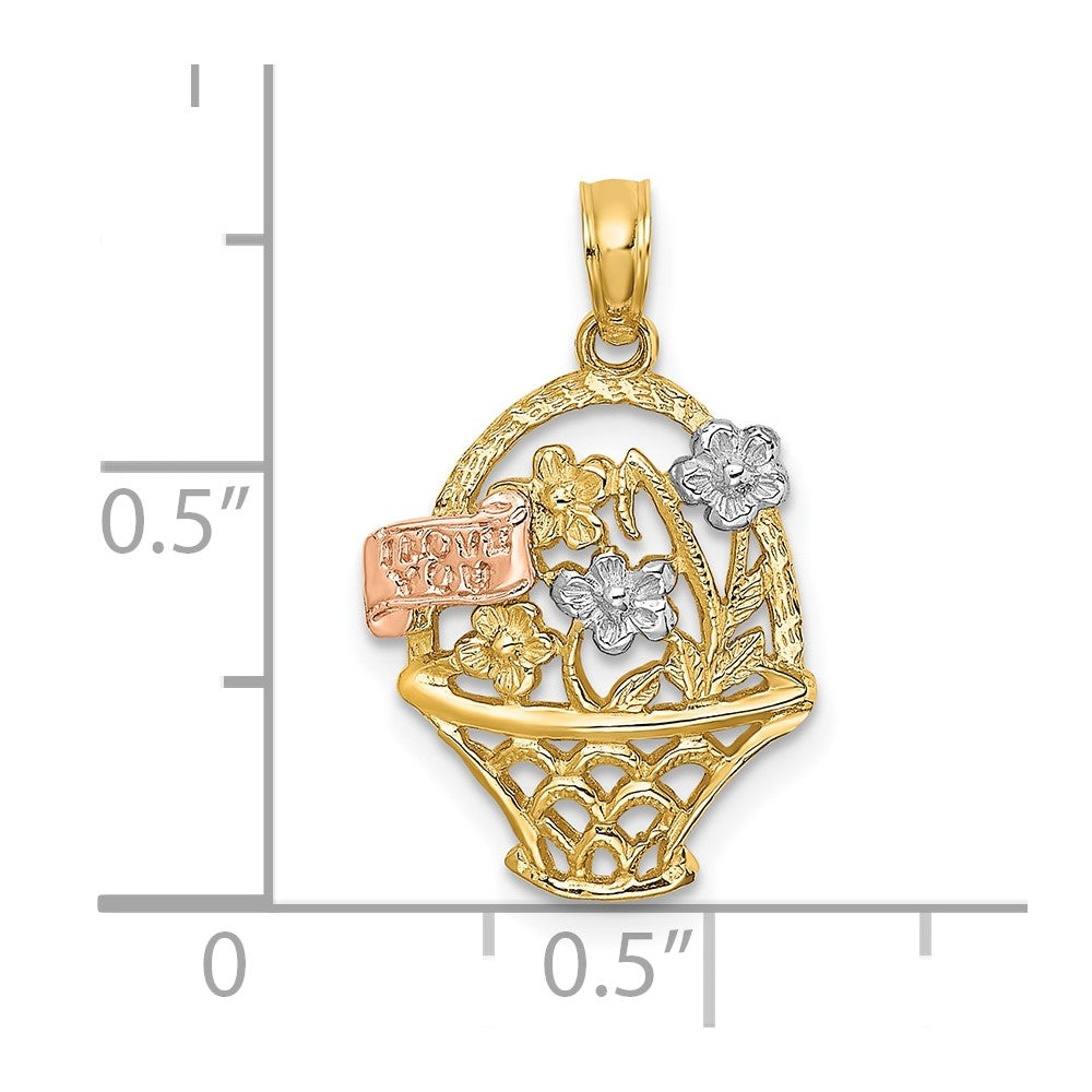 10K Bicolor mit Weiß Rhodium Blume Korb mit I Liebe You Charm