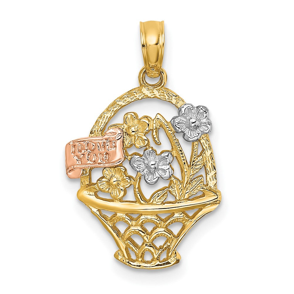 10K Bicolor mit Weiß Rhodium Blume Korb mit I Liebe You Charm