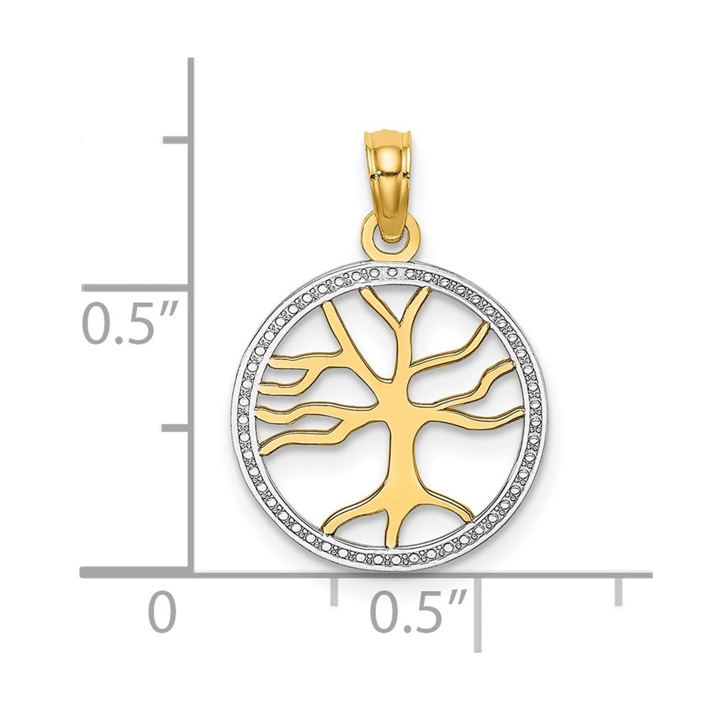10K Gelb mit Rhodium 10K 3-d Baum Of Leben in Rund Rahmen Charm