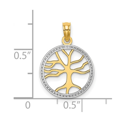 10K Gelb mit Rhodium 10K 3-d Baum Of Leben in Rund Rahmen Charm