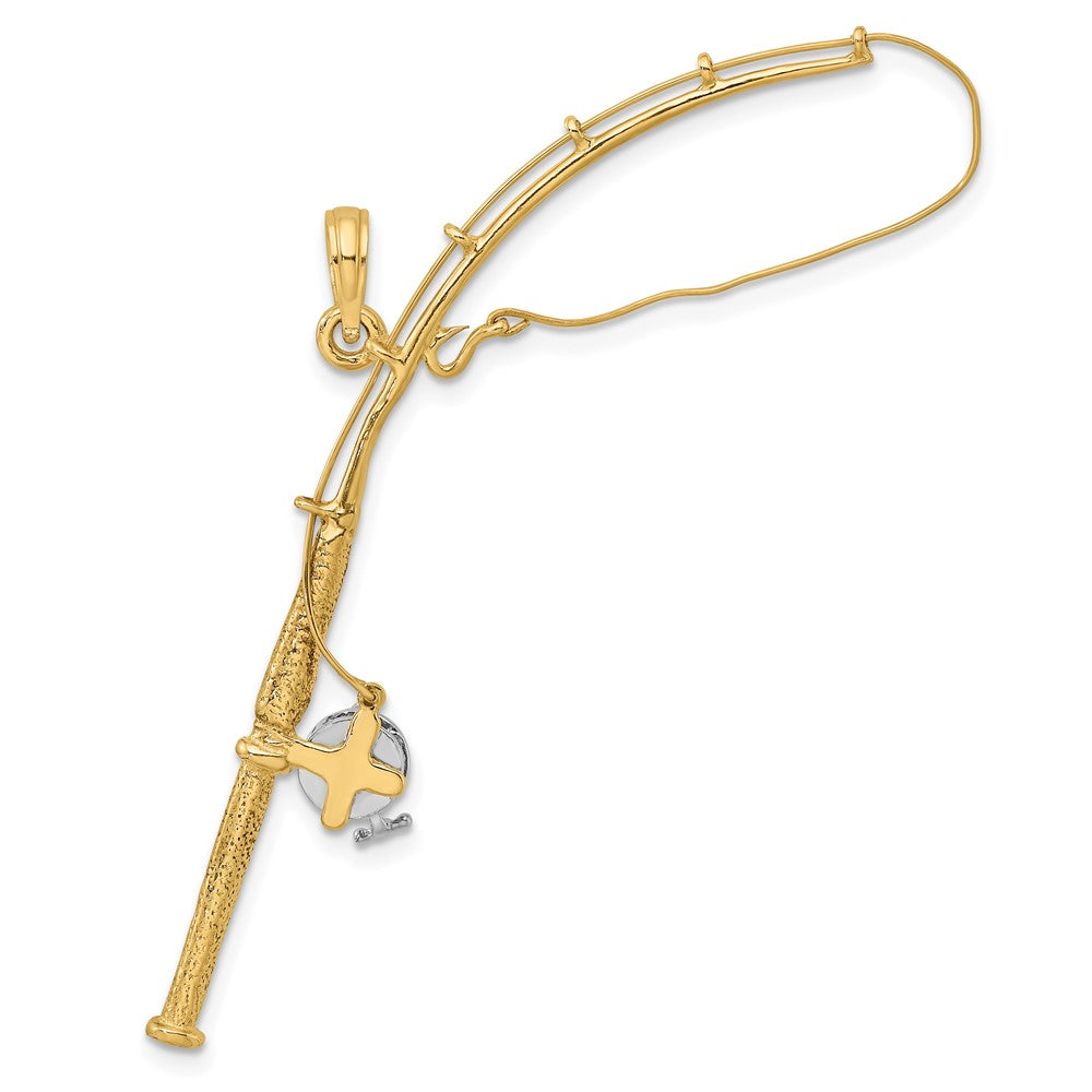 10K Gelb mit Rhodium 10K 3-d Beweglich Fishing Pole mit Reel Anhänger
