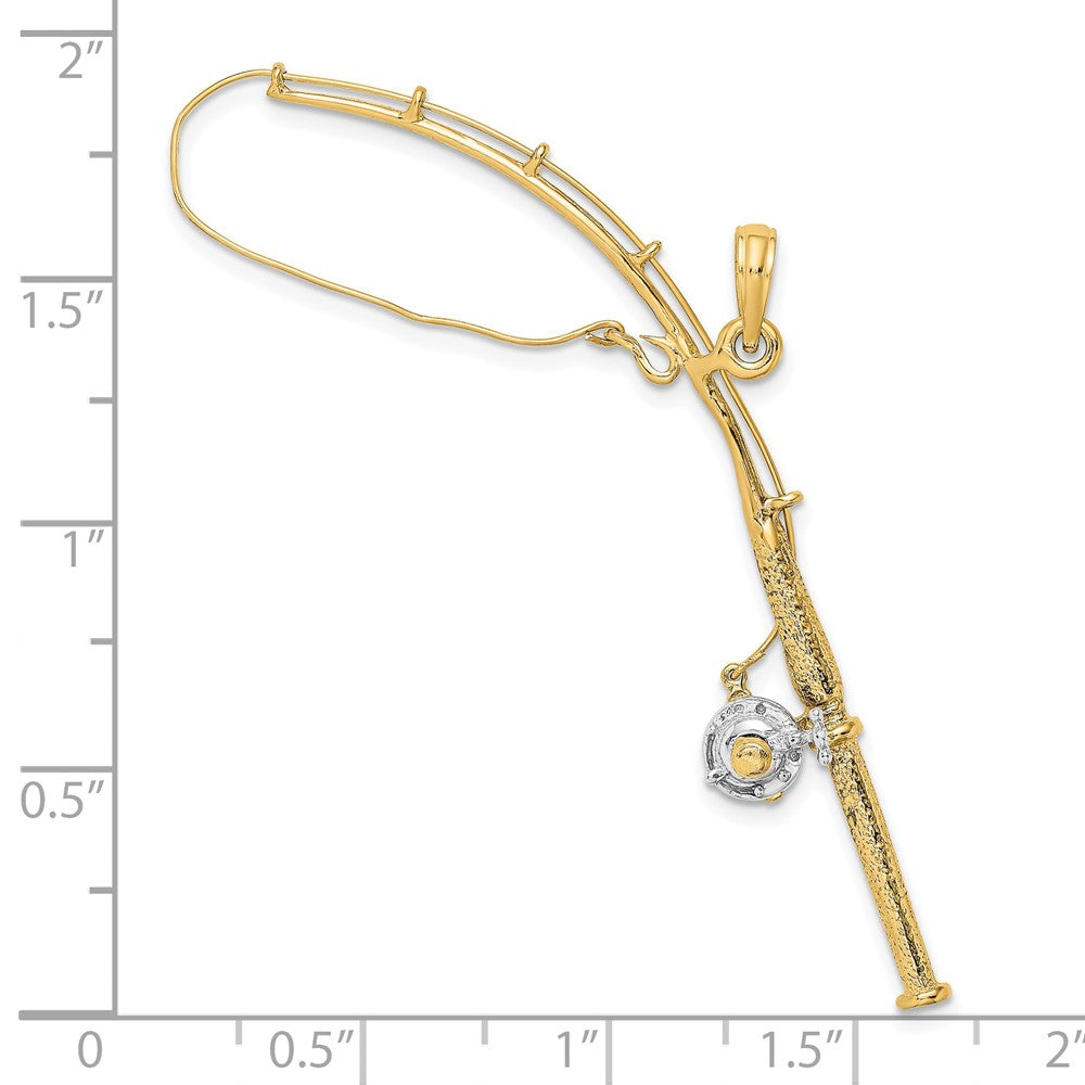 10K Gelb mit Rhodium 10K 3-d Beweglich Fishing Pole mit Reel Anhänger
