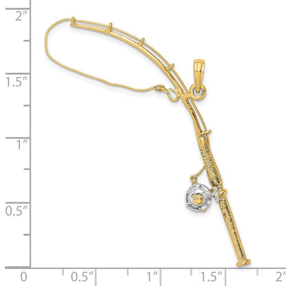 10K Gelb mit Rhodium 10K 3-d Beweglich Fishing Pole mit Reel Anhänger