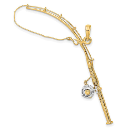 10K Gelb mit Rhodium 10K 3-d Beweglich Fishing Pole mit Reel Anhänger