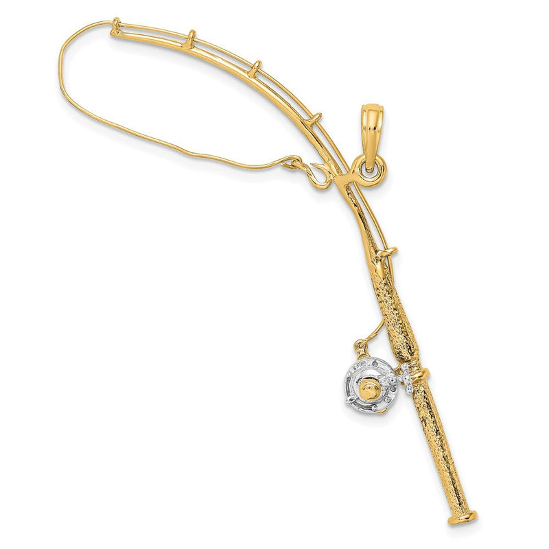 10K Gelb mit Rhodium 10K 3-d Beweglich Fishing Pole mit Reel Anhänger