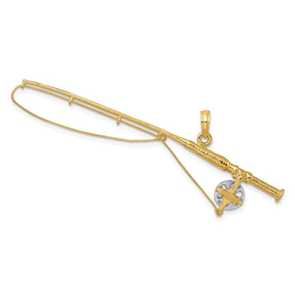 10K Gelb mit Rhodium 10K 3-d Fly Rod Fishing Pole Charm