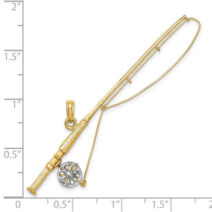 10K Gelb mit Rhodium 10K 3-d Fly Rod Fishing Pole Charm