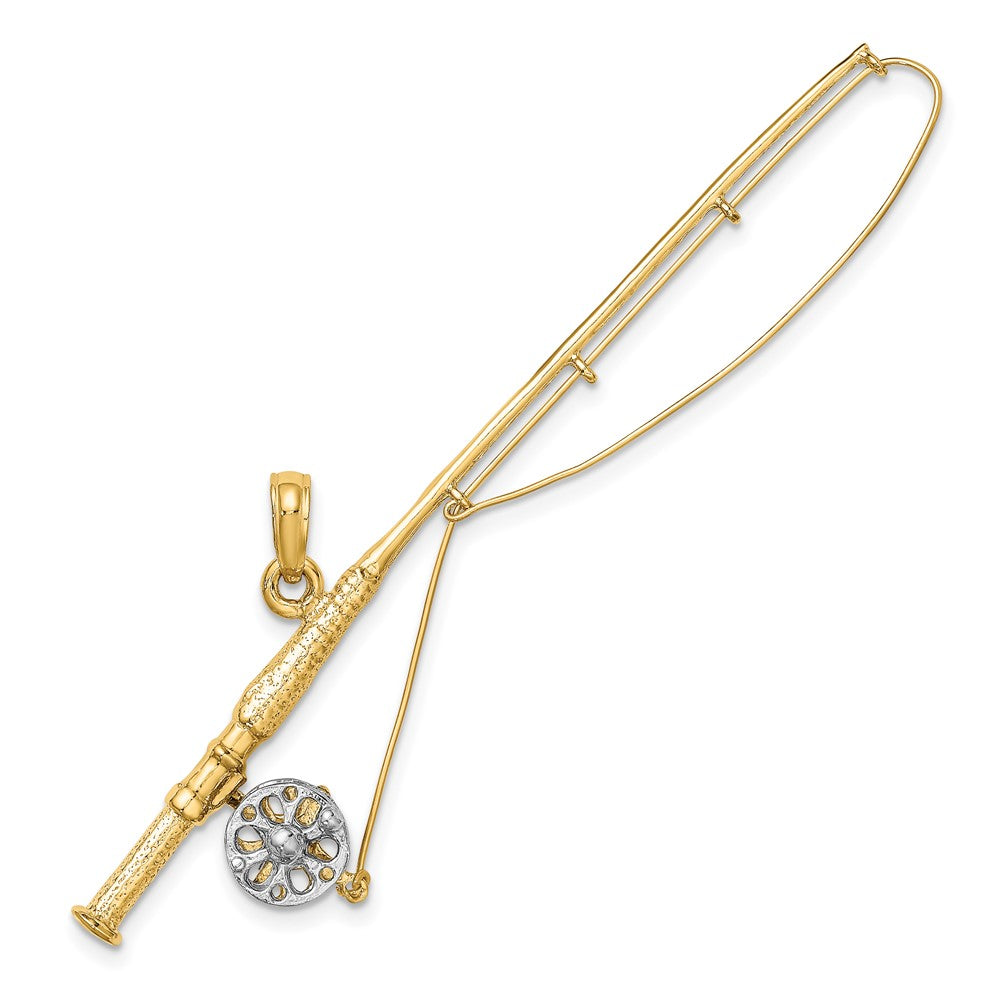 10K Gelb mit Rhodium 10K 3-d Fly Rod Fishing Pole Charm