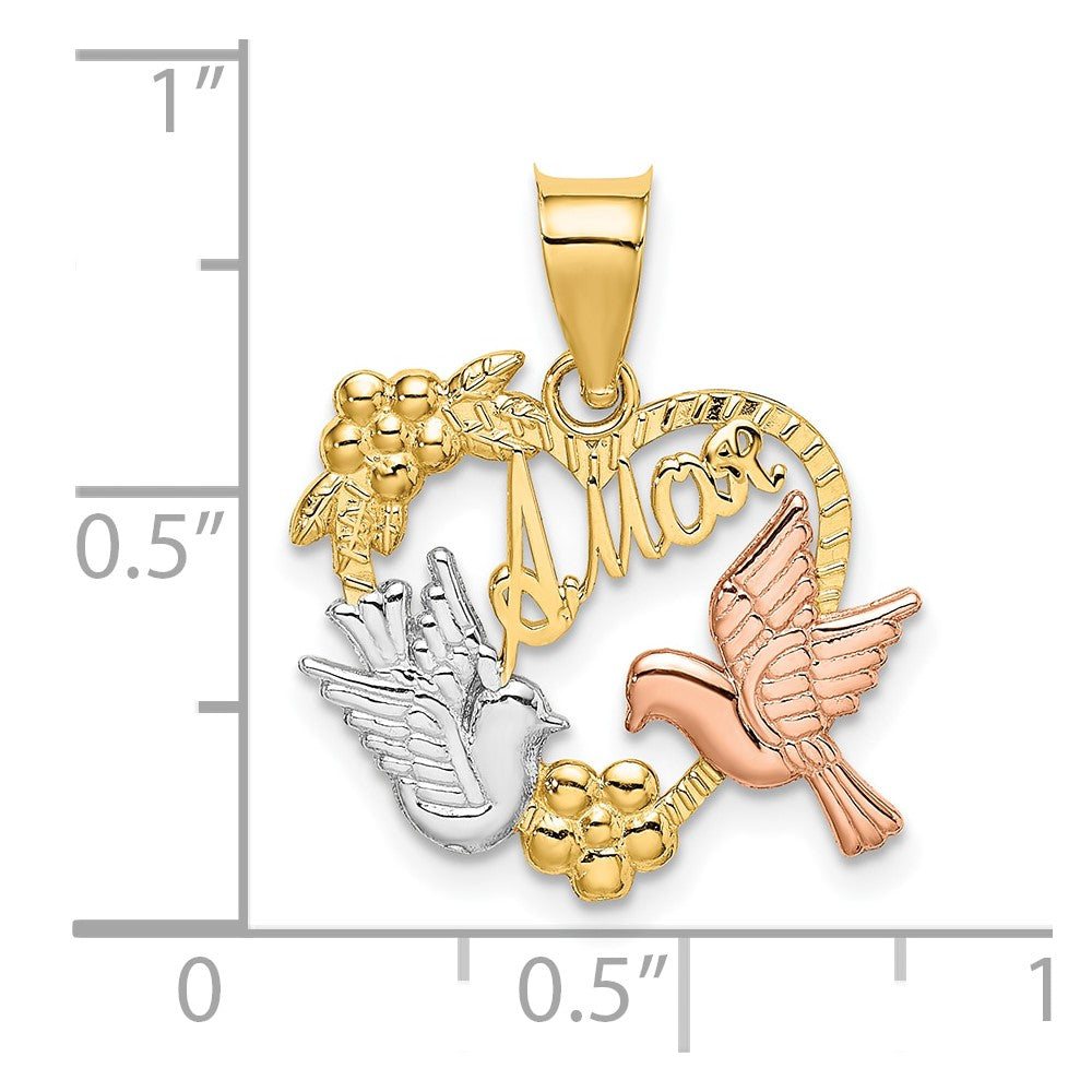 10K Bicolor mit Weiß Rhodium Amor Herz mit Doves Charm