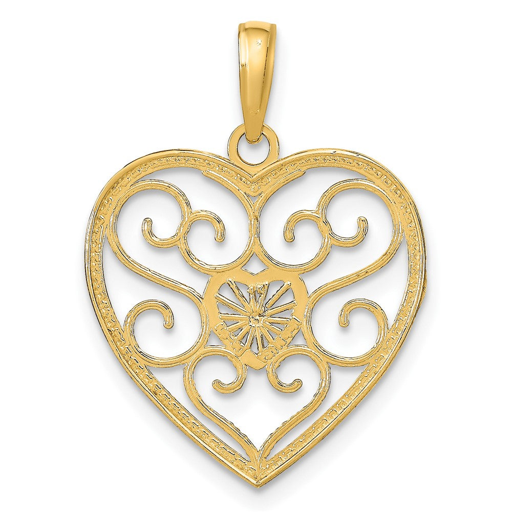 10K Gelb mit Rhodium Filigran Gekugelt Herz Charm