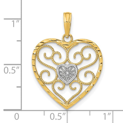 10K Gelb mit Rhodium Filigran Gekugelt Herz Charm
