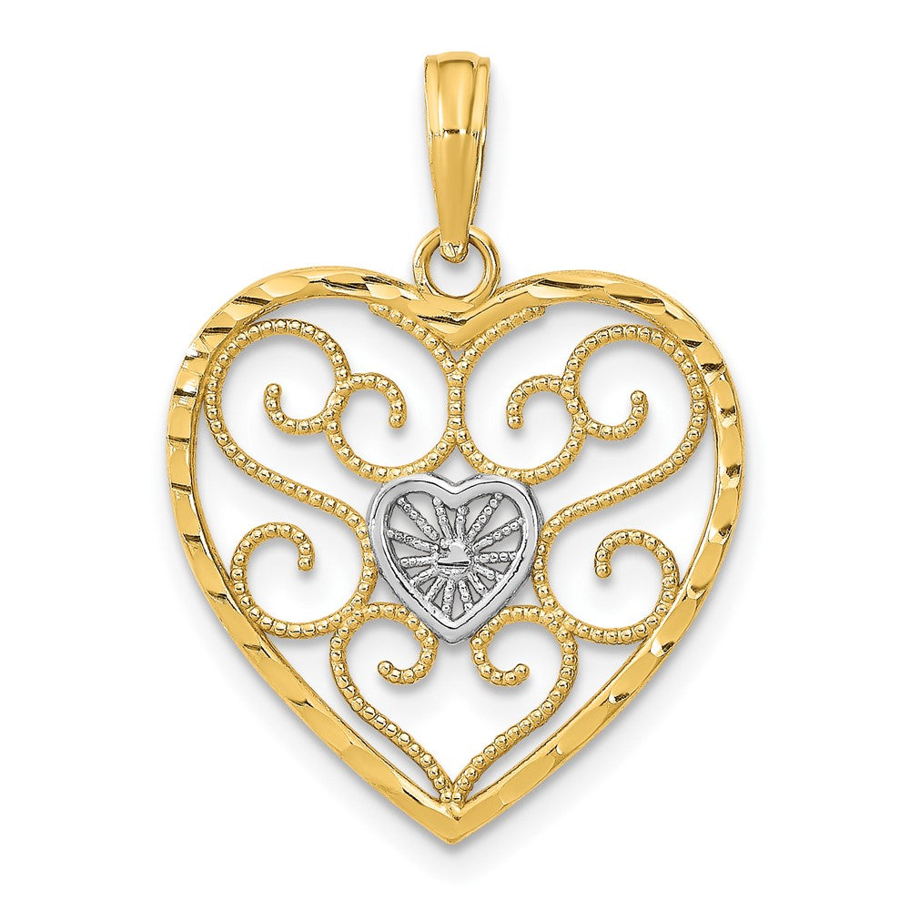 10K Gelb mit Rhodium Filigran Gekugelt Herz Charm