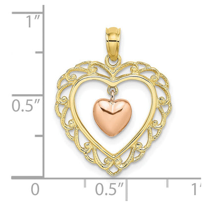 10K Bicolor Gelb und Roségold Poliert Dangling Herz in Charm