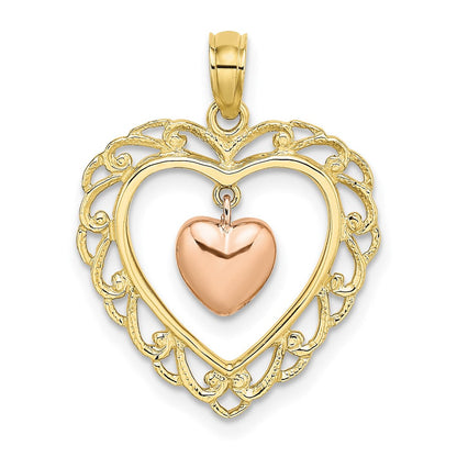 10K Bicolor Gelb und Roségold Poliert Dangling Herz in Charm