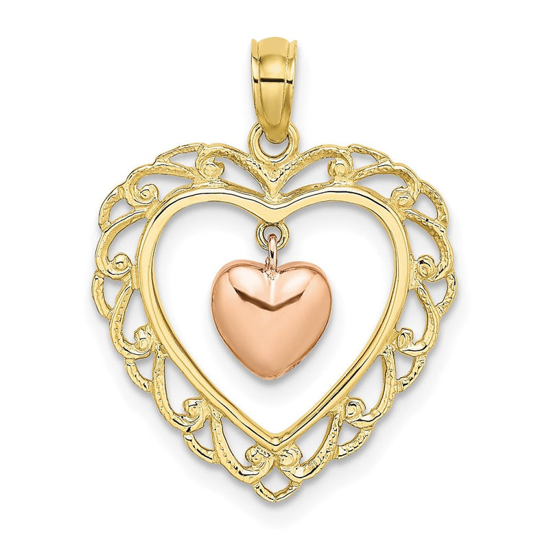 10K Bicolor Gelb und Roségold Poliert Dangling Herz in Charm