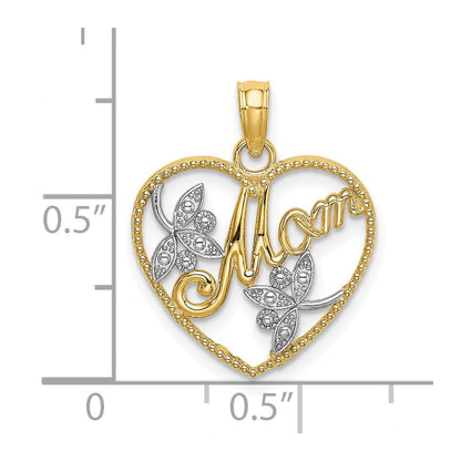10K Gelb mit Rhodium 10K mit Rhodium Gekugelt Herz Mama Charm