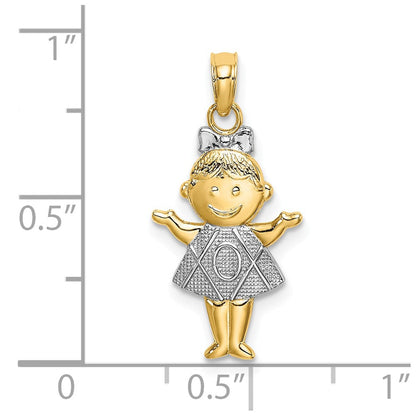 10K Gelb mit Rhodium 10K Strukturiert Mädchen Charm
