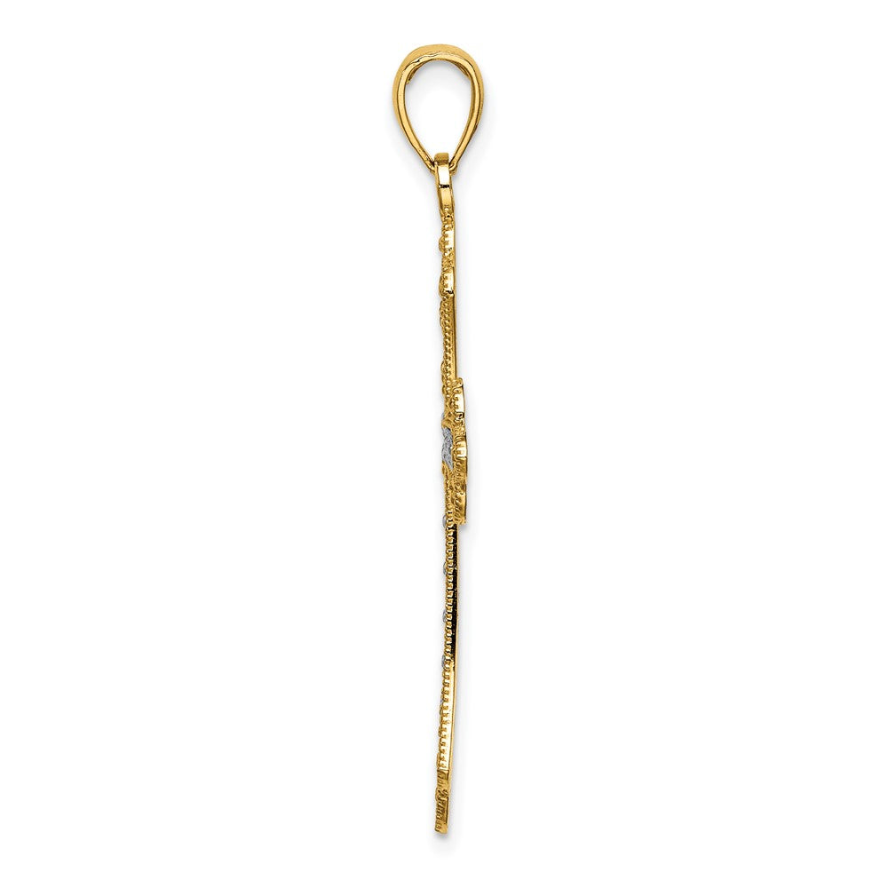 10K Gelb mit Rhodium 10K mit Rhodium Gewellt Edges Kreuz Charm