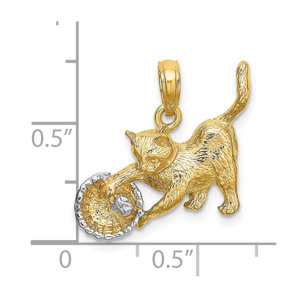 10K Gelb mit Rhodium 10K Katze Playing mit Yarn in Korb Charm