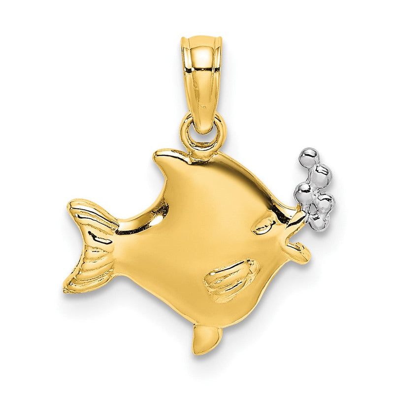 10K Gelb mit Rhodium 2-d Fisch mit Bubbles Charm