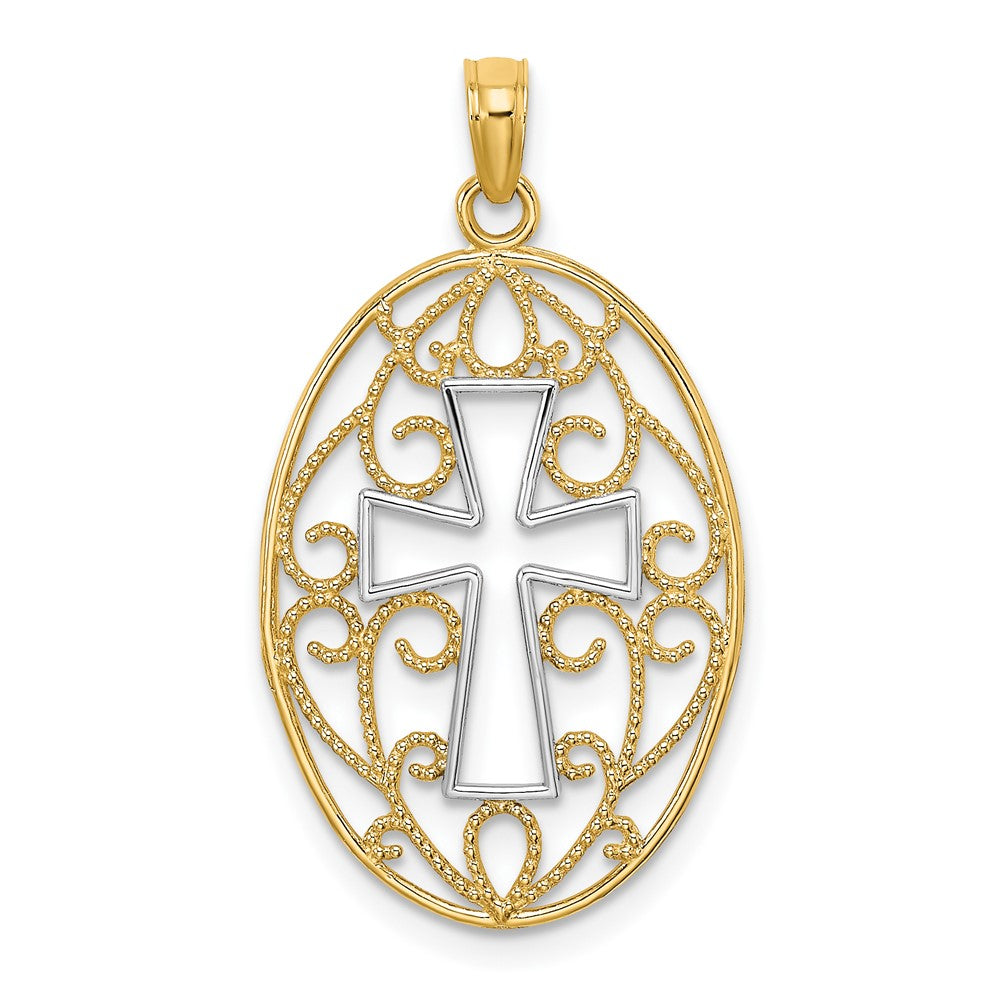 10K Gelb mit Rhodium 10K Gekugelt Filigran Kreuz Charm