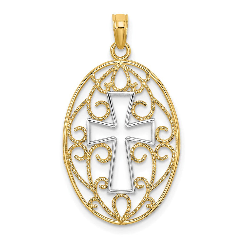 10K Gelb mit Rhodium 10K Gekugelt Filigran Kreuz Charm