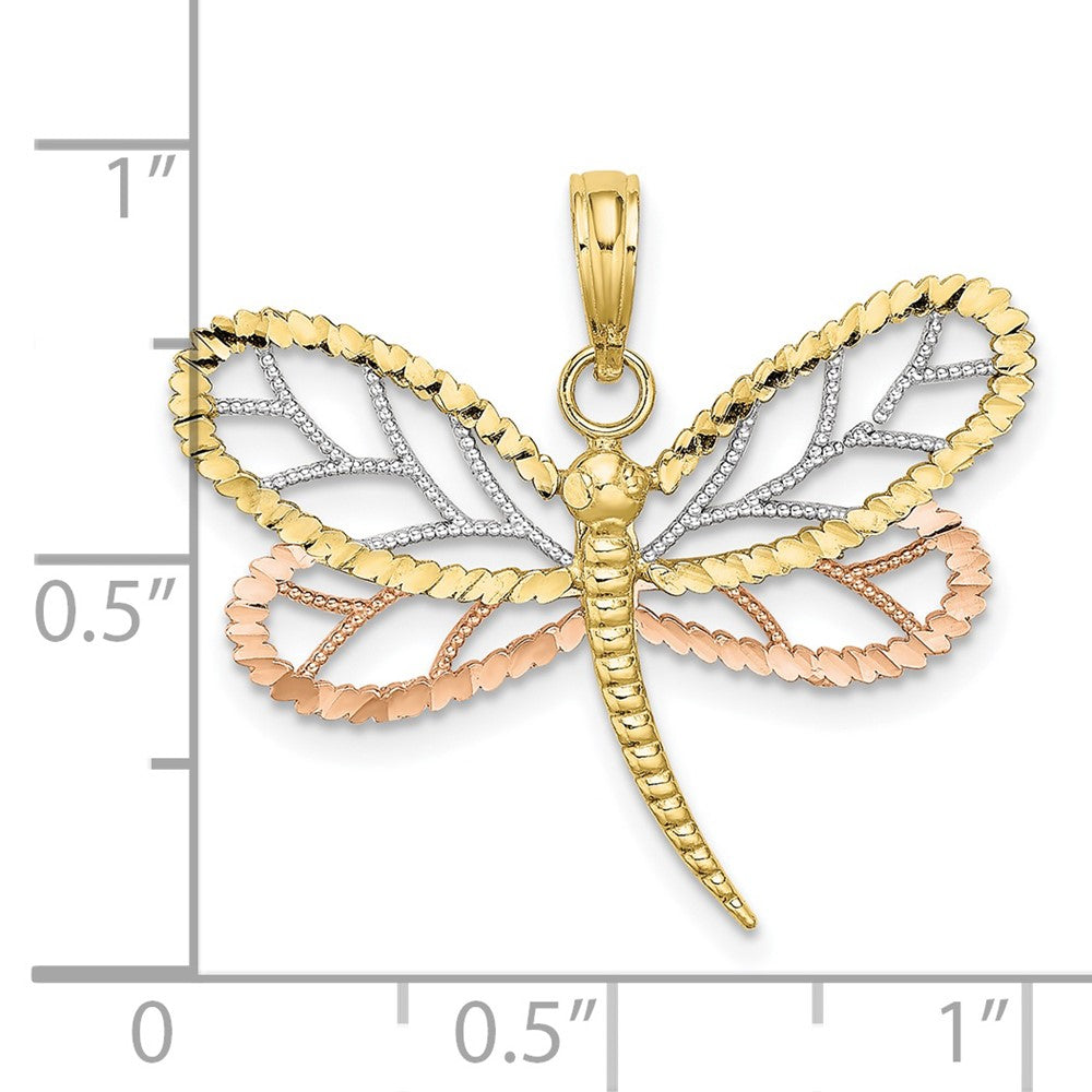 10K Bicolor Tricolor Libelle mit Gekugelt Diamantiert Flügel Charm