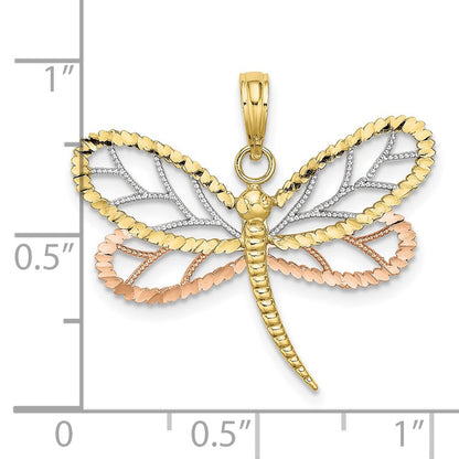 10K Bicolor Tricolor Libelle mit Gekugelt Diamantiert Flügel Charm