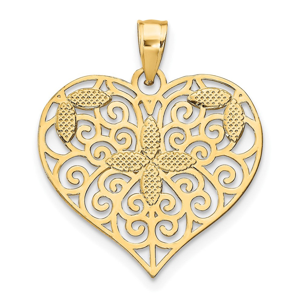 10K Gelb mit Rhodium Ausgeschnitten Filigran Blume und Herz Charm