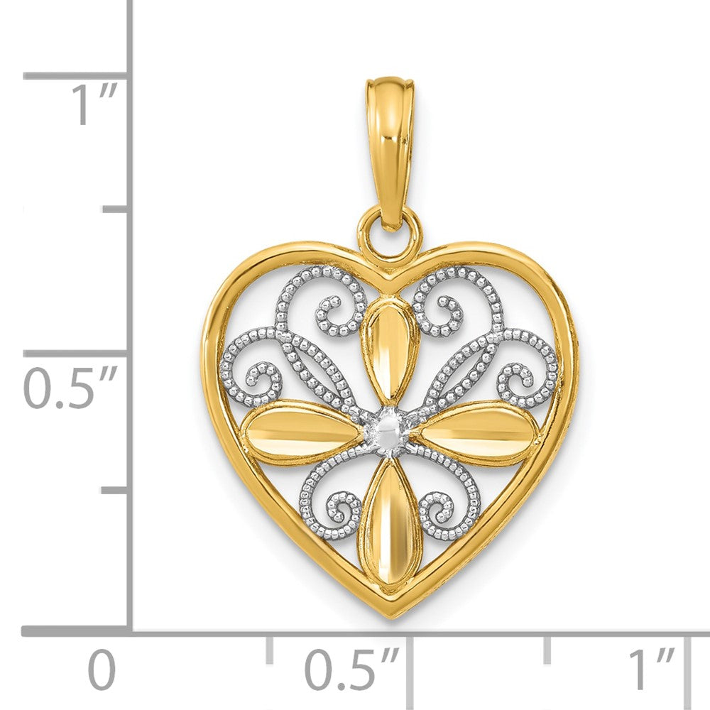 10K Gelb mit Rhodium 10K mit Rhodium Gekugelt Filigran Mode Herz Charm
