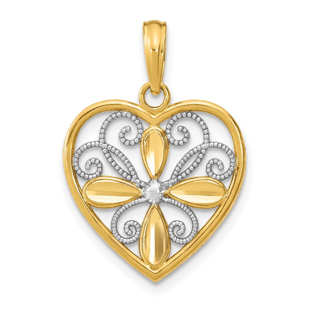 10K Gelb mit Rhodium 10K mit Rhodium Gekugelt Filigran Mode Herz Charm