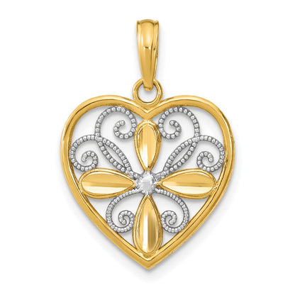 10K Gelb mit Rhodium 10K mit Rhodium Gekugelt Filigran Mode Herz Charm