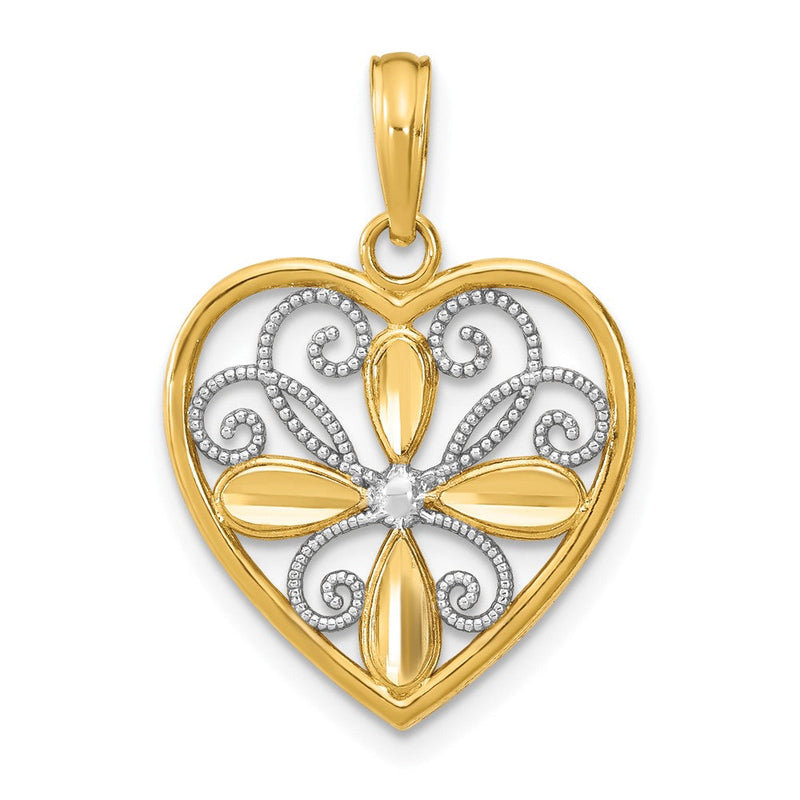 10K Gelb mit Rhodium 10K mit Rhodium Gekugelt Filigran Mode Herz Charm