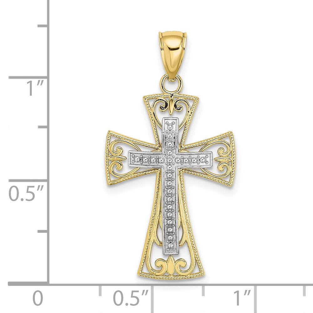 10K Bicolor 10K 2-d und Diamantiert Gekugelt Filigran Kreuz Charm