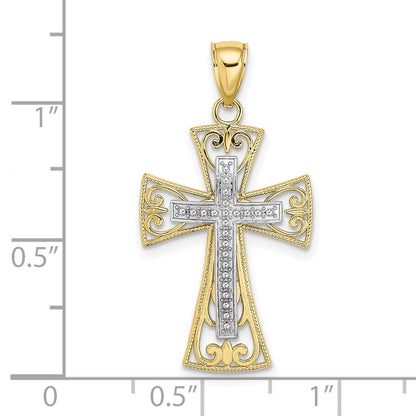 10K Bicolor 10K 2-d und Diamantiert Gekugelt Filigran Kreuz Charm