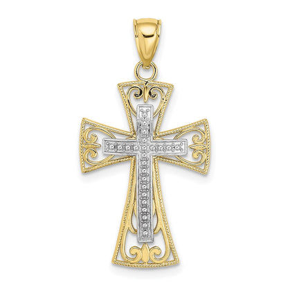 10K Bicolor 10K 2-d und Diamantiert Gekugelt Filigran Kreuz Charm
