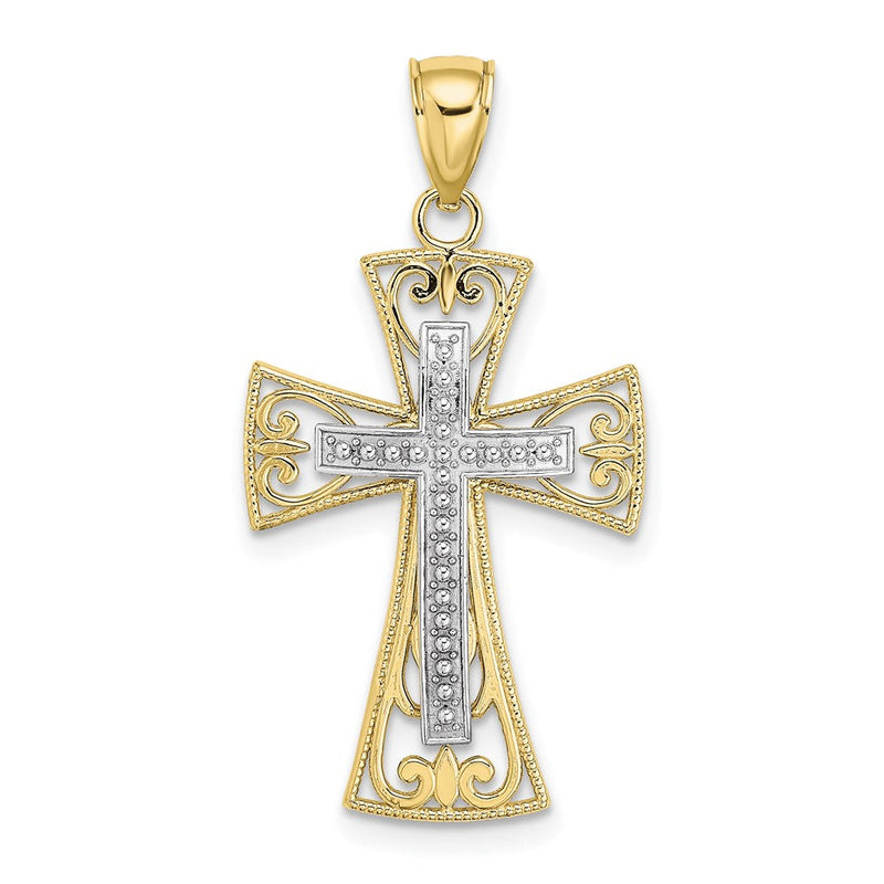 10K Bicolor 10K 2-d und Diamantiert Gekugelt Filigran Kreuz Charm