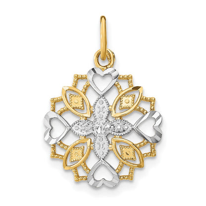 10K Gelb mit Rhodium 10K Mittig Blume und Herz Charm