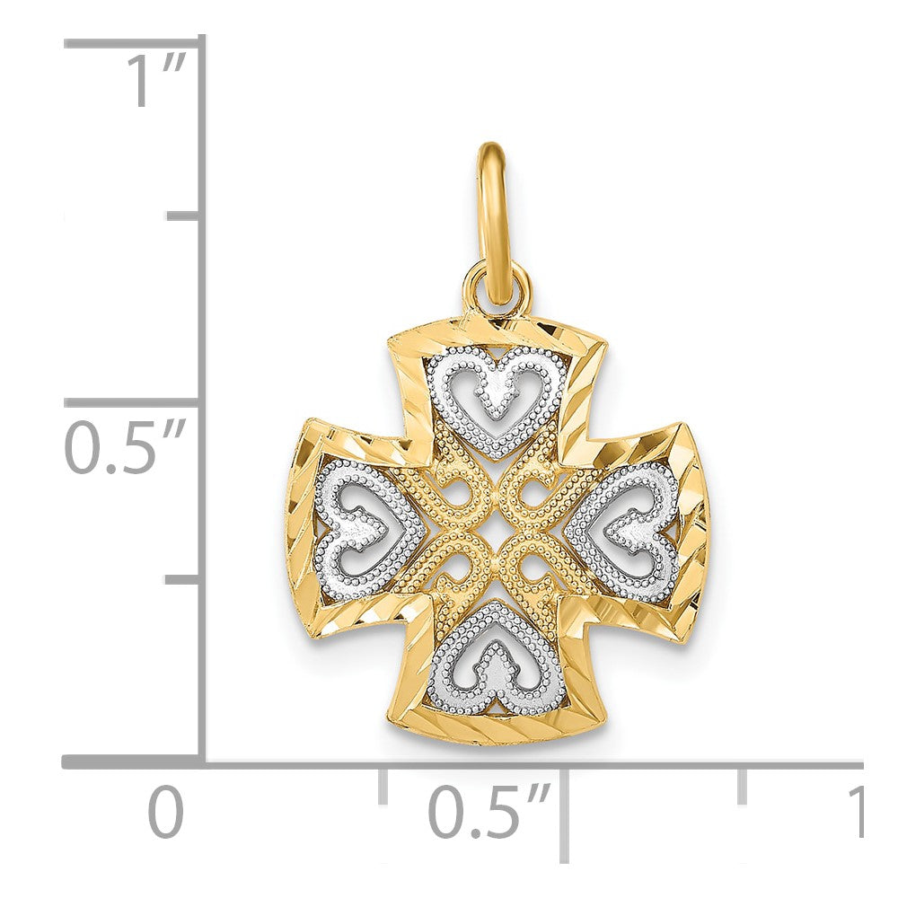 10K Gelb mit Rhodium 10K Herzen und Diamantiert Maltese Kreuz Charm